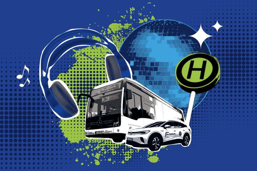 Collage aus Bus, E-Carsharing-Fahrzeug, Haltestellenschild und Kopfhörern