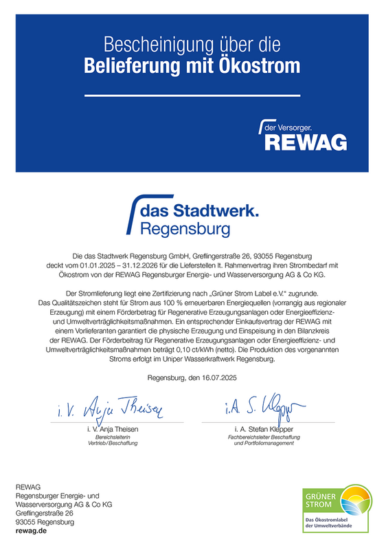 Bescheinigung über die Belieferung mit Ökostrom für das Stadtwerk.Regensburg