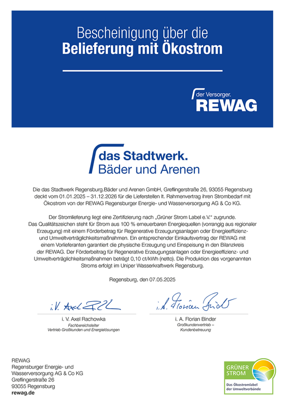 Bescheinigung über die Belieferung mit Ökostrom für das Stadtwerk.Bäder und Arenen