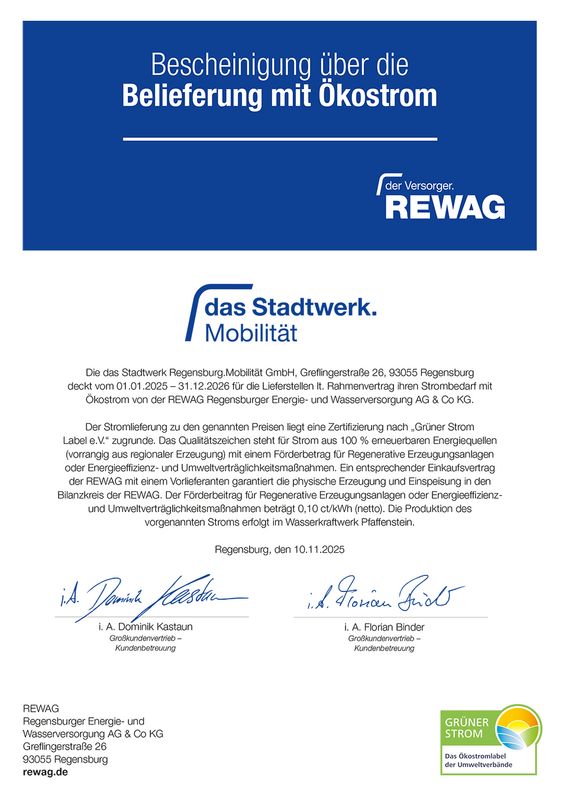 Bescheinigung über die Belieferung mit Ökostrom für das Stadtwerk.Mobilität