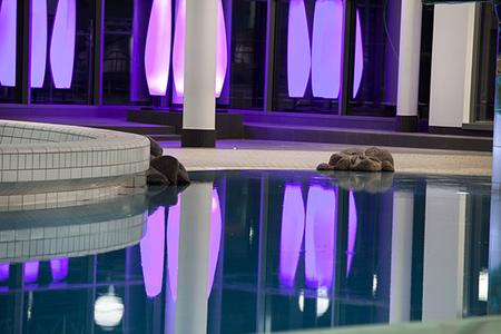 Innenbereich eines Schwimmbads mit rundem Beckenrand und violett leuchtenden Säulenlampen, die sich im Wasser spiegeln
