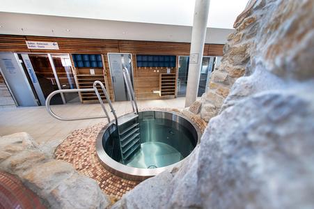 Rundes Tauchbecken mit Metallleiter in einem Innenraum mit Holzverkleidung und Steinsäule